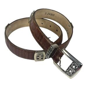 Brighton Belt Womens Small 24-28" Brown Croc Embossed Leather Silver Scroll Vtg